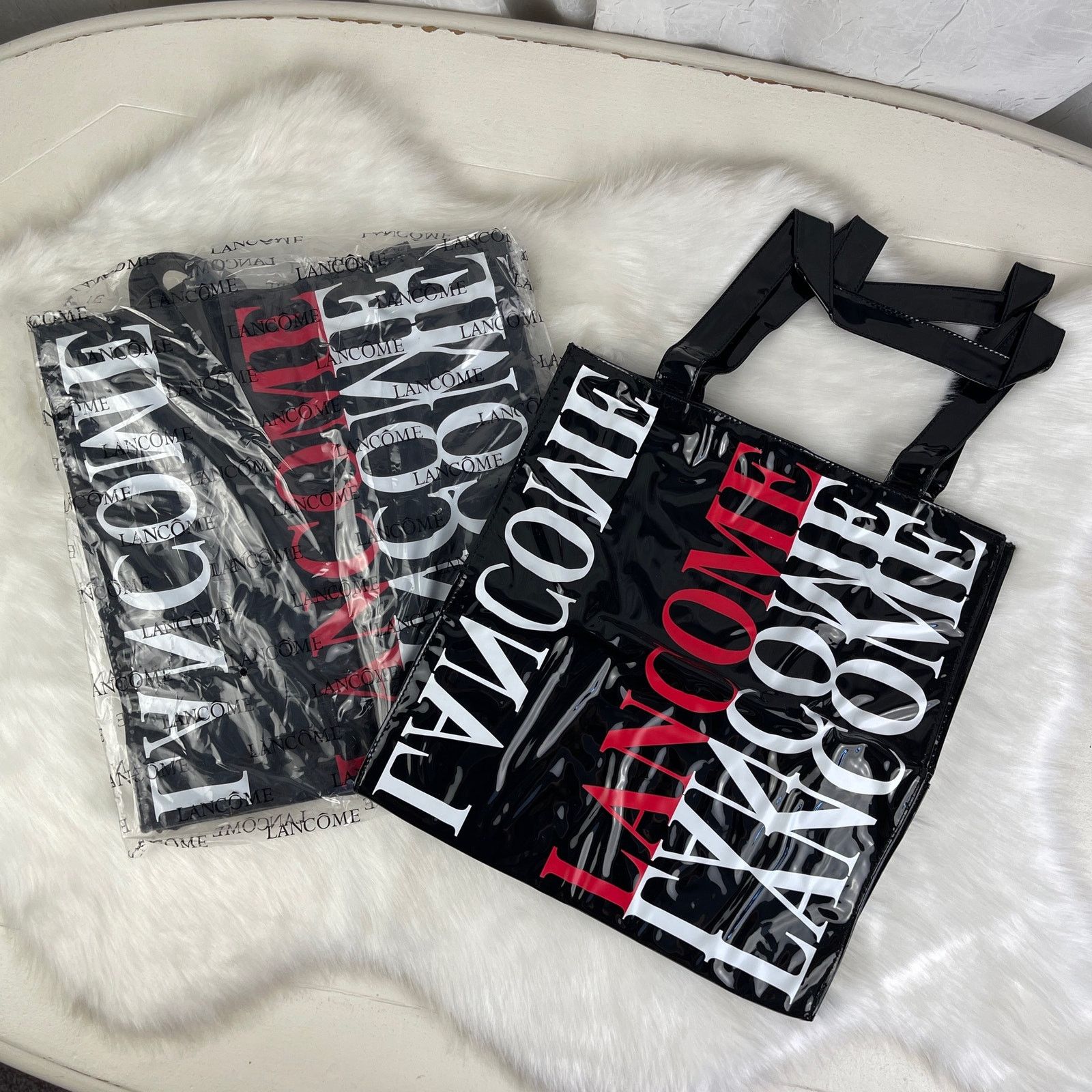 Vintage 2 NWOT Lancome Black White Red Tote Bag Faux Patent Leather, Women's