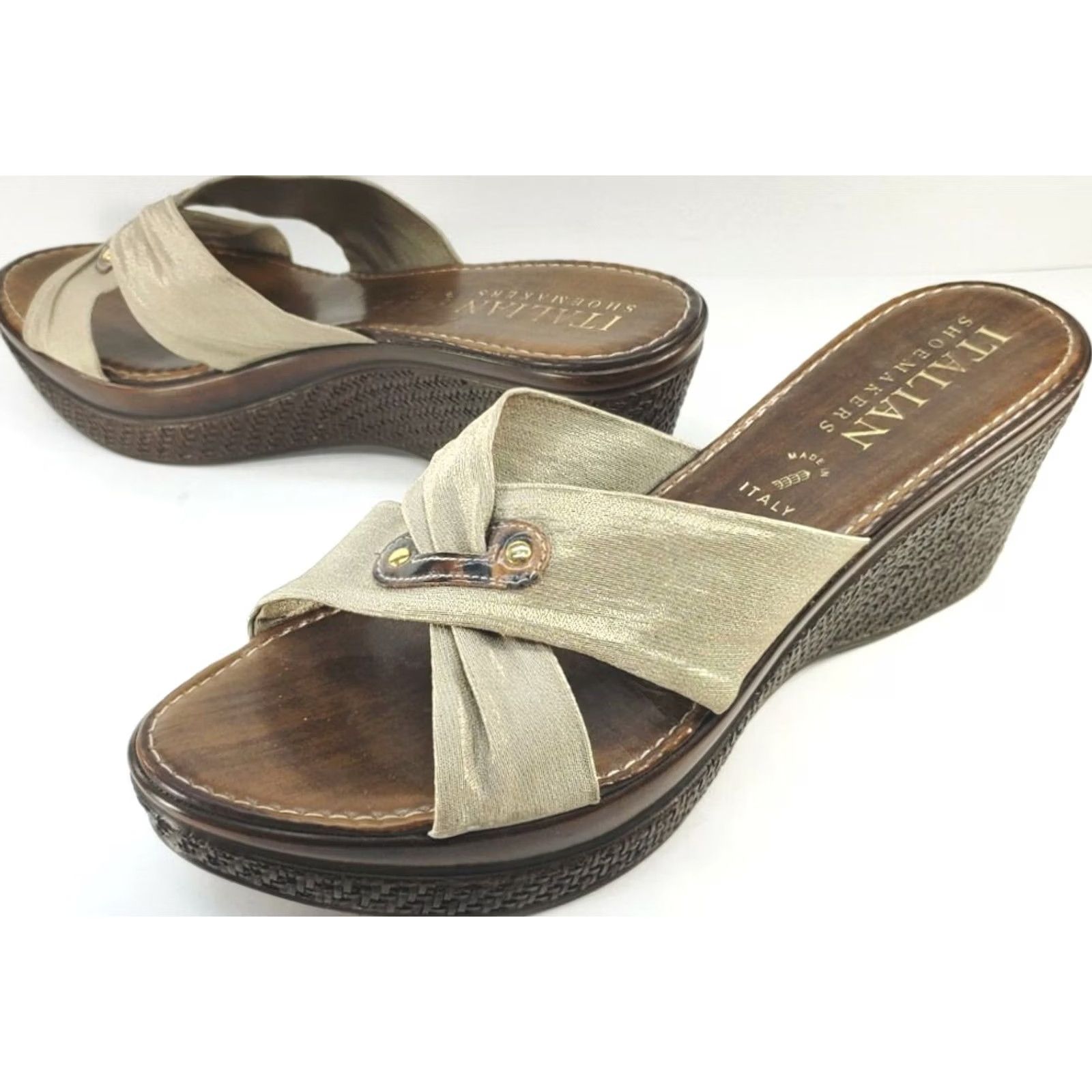 Vintage VINTAGE Italian Shoemakers Women's Sandal Taupe X-Crossover Wedge Slip On 10M (Size 10) Shoes Size US 10 / IT 40 - 2 Thumbnail