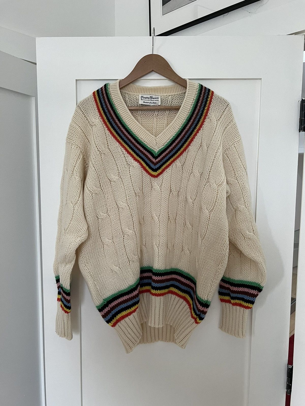 Image of Rowing Blazers Rainbow Wool Cricket Sweater in White, Men's (Size XL)