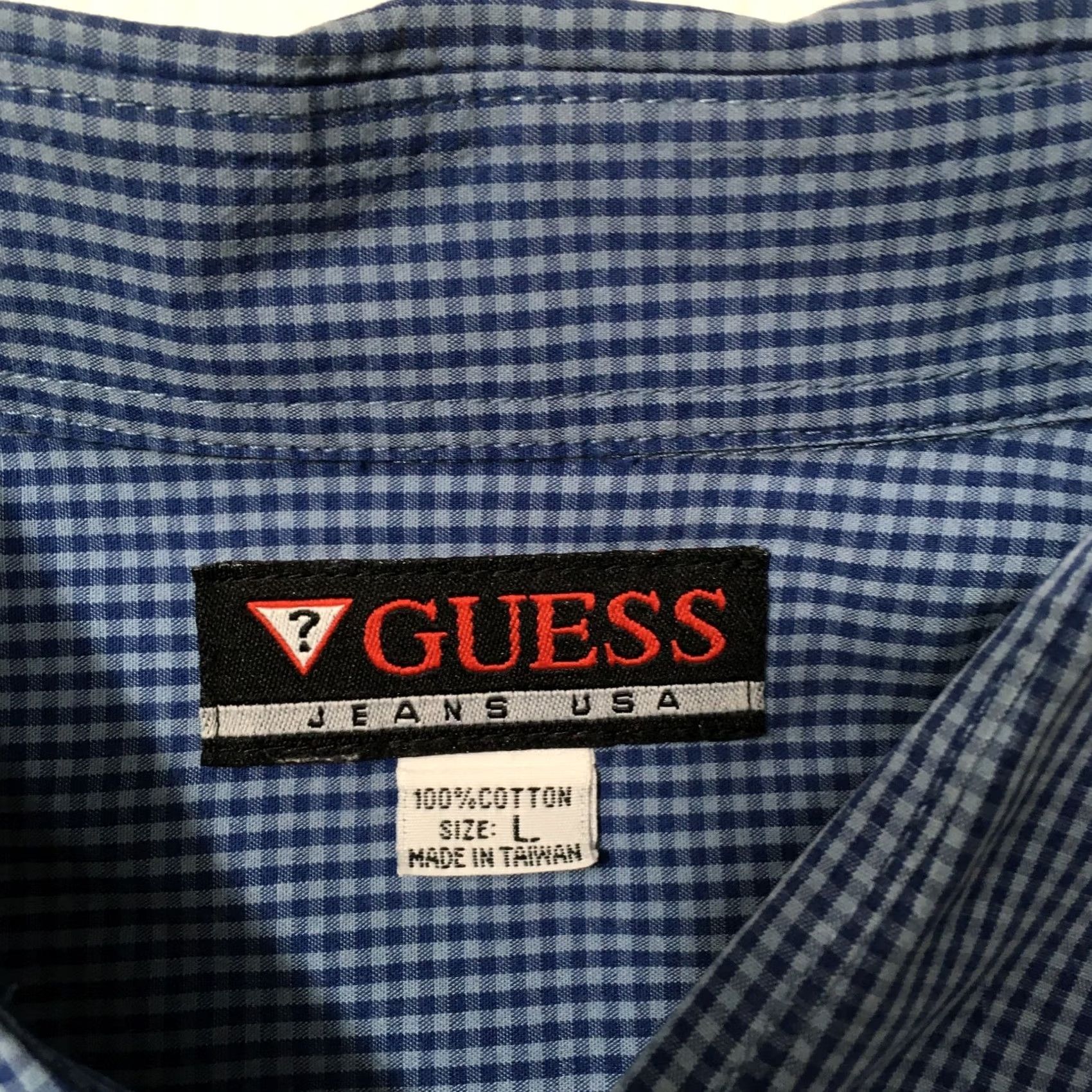 Guess Guess Jeans USA VTG Button Up Shirt LARGE BLUE Geometric CHECK Men's Size US L / EU 52-54 / 3 - 2 Thumbnail