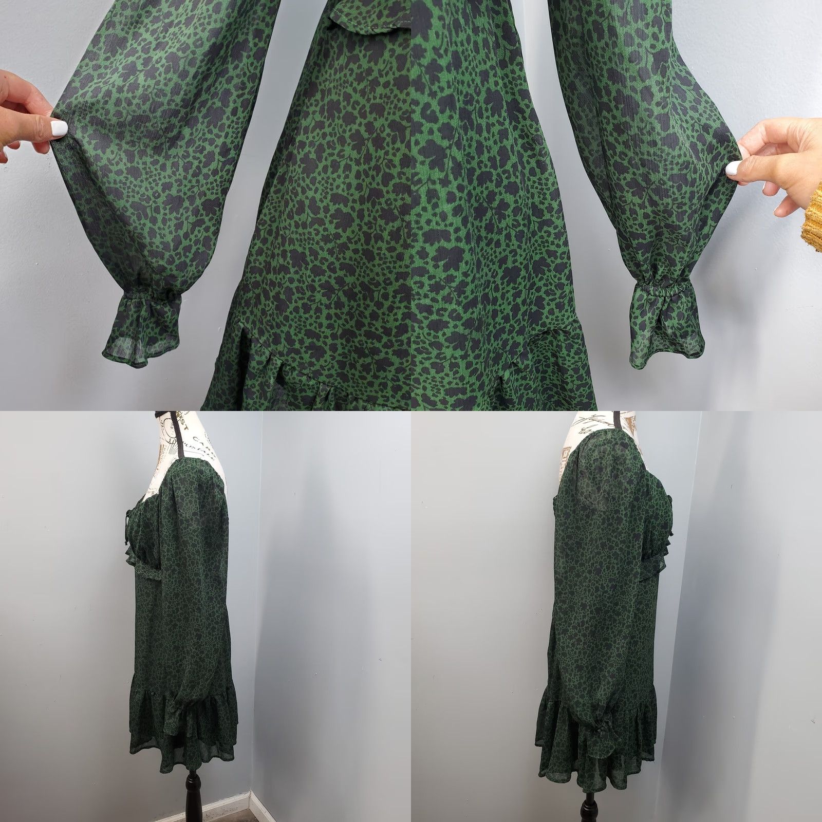 Vintage Trixxi Womens Green & Black Animal Print Chiffon Smocked Back Ruffle Dress M Size M / US 6-8 / IT 42-44 - 8 Thumbnail