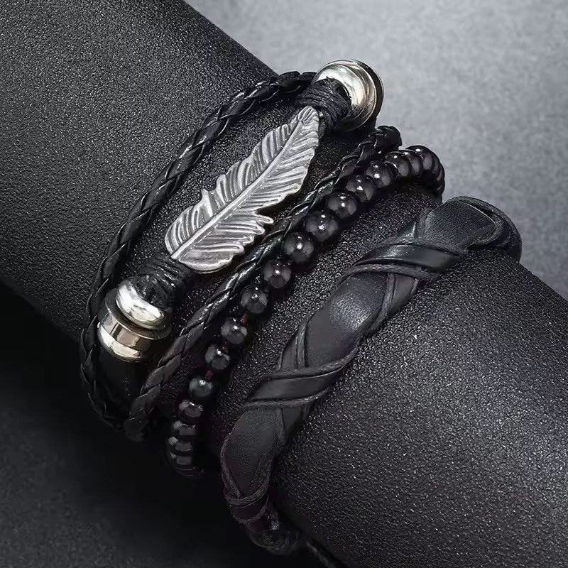 Leather Feather and Beads Adjustable Bracelet Size ONE SIZE - 3 Thumbnail