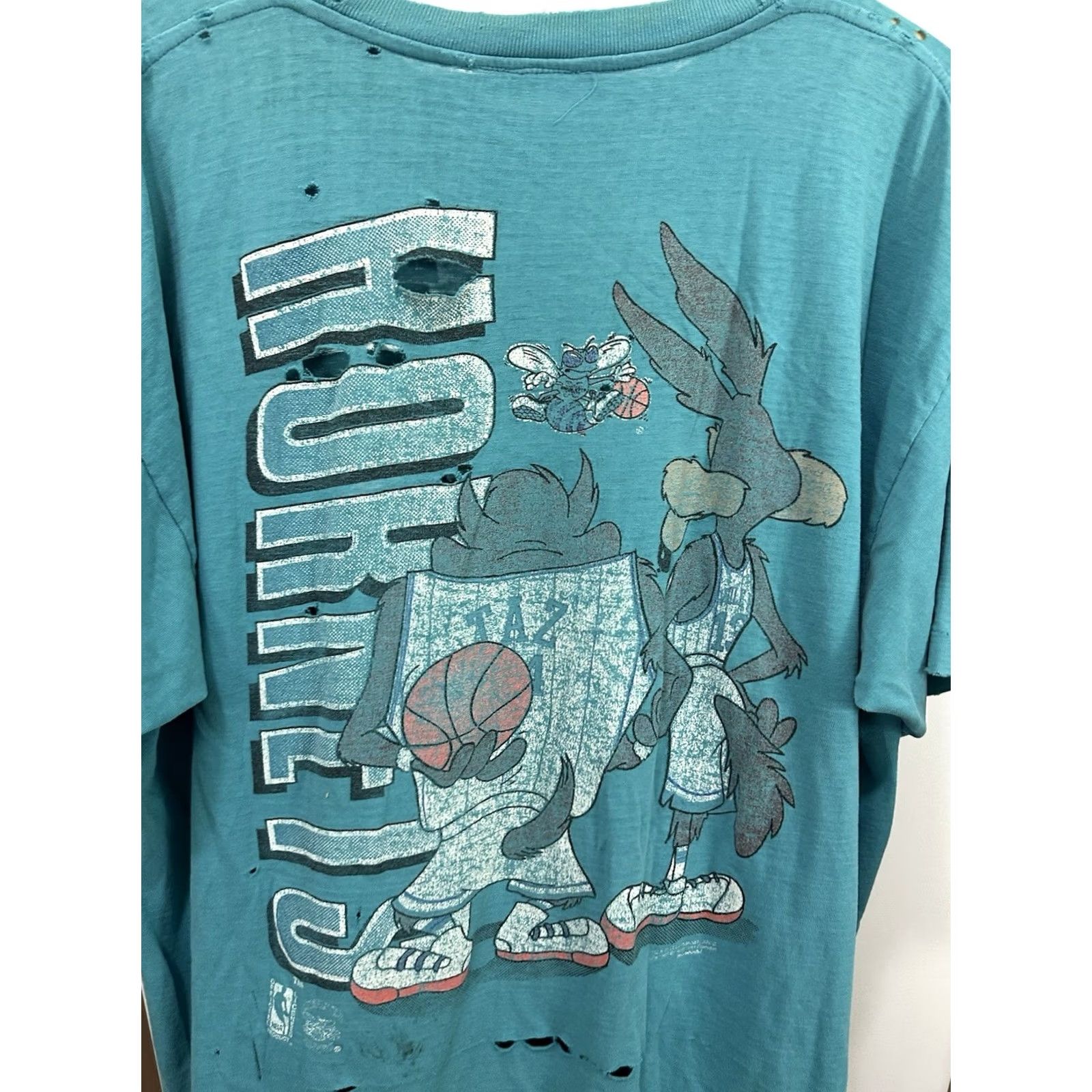 NBA VTG 90s Charlotte Hornets Taz Wile Looney Tunes NBA Distressed Worn Thrashed T-Shirt 2XL Teal Mens Size US XXL / EU 58 / 5 - 6 Thumbnail
