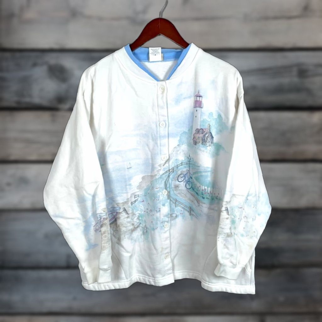 Doublet Artisans White Cardigan Sweatshirt Women's XL White Knit Double Collar Cardigan Geometric Print 90s Beach Nature Outdoor Graphic Print Button Front Size XL / US 12-14 / IT 48-50 - 1 Thumbnail