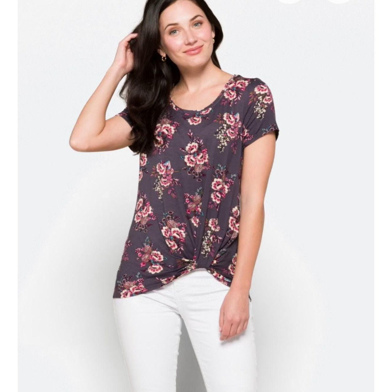 Other Floral Knot Front Tee Short Sleeve Gray Top By Nine Britton Size S / US 4 / IT 40 - 1 Thumbnail