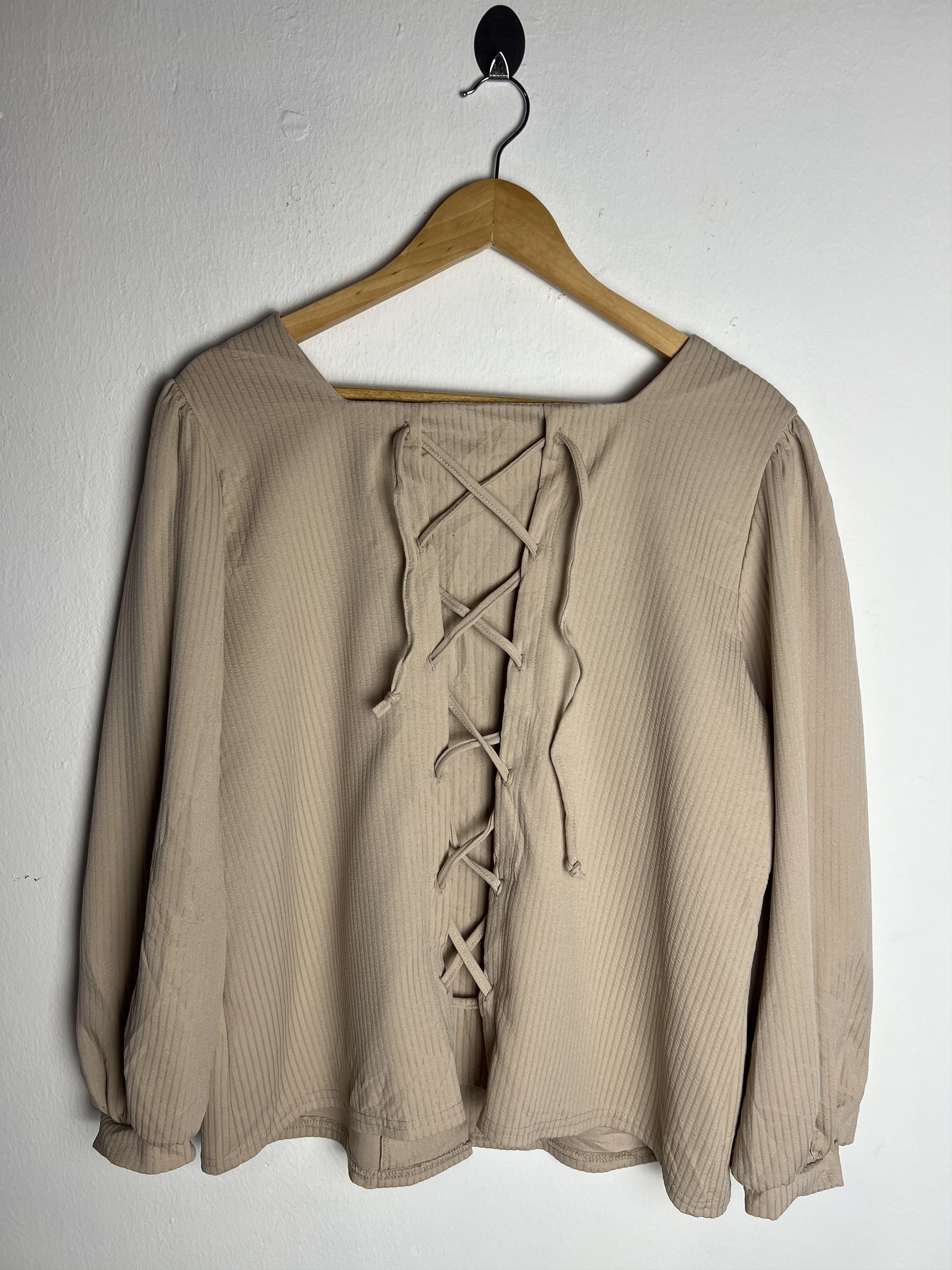 Japanese Brand Noannu Beige Long Sleeve Top square neck and lace up detail Size L / US 10 / IT 46 - 2 Thumbnail