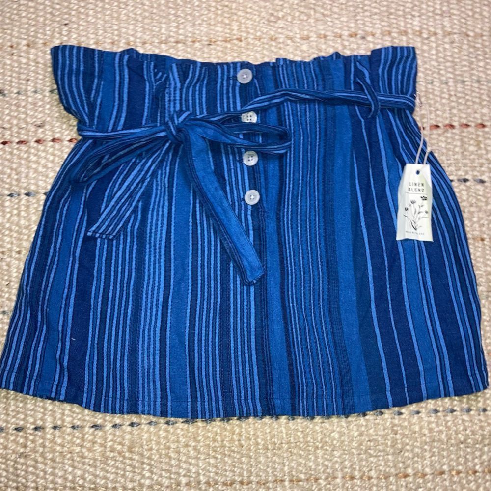 Indigo Indigo Rein, Linen Blend Striped Mini Skirt, Belted Tie, Jun Size 36" / US 14 / IT 50 - 3 Thumbnail