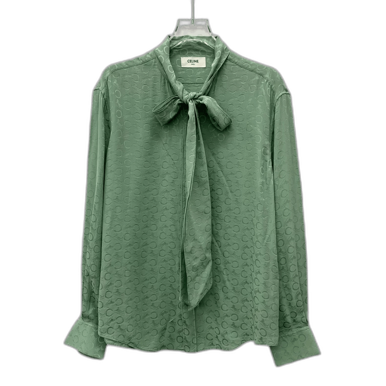 Celine Green Patterned Silk Tie Neck Blouse Size US M / EU 48-50 / 2 - 1 Thumbnail