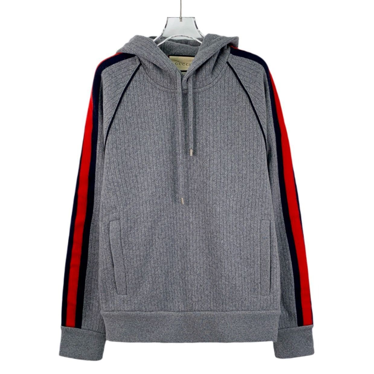 Gucci GUCCI Grey Wool & Cashmere Hooded Sweatshirt With Navy & Red Size S / US 4 / IT 40 - 1 Thumbnail