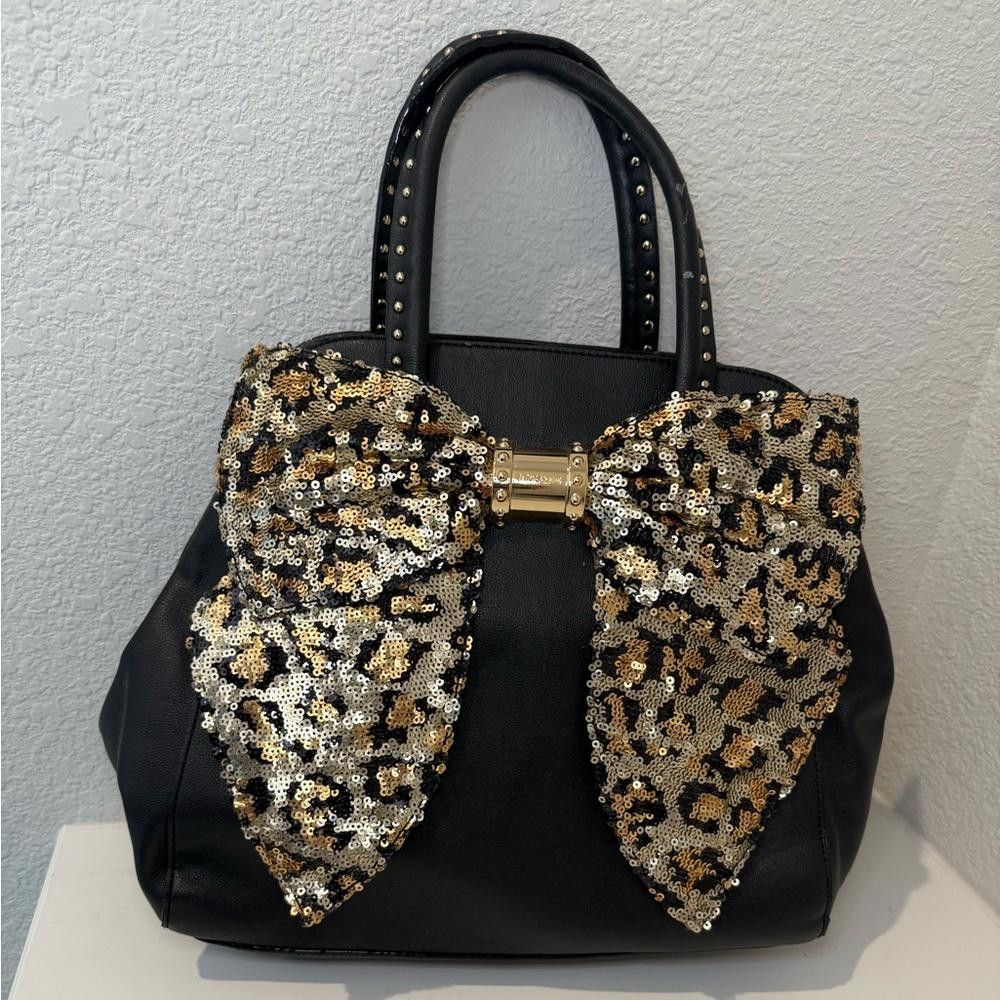 Designer Betsey Johnson Vintage Oh Bow! Leopard Sequin Black Satchel Size ONE SIZE - 1 Thumbnail