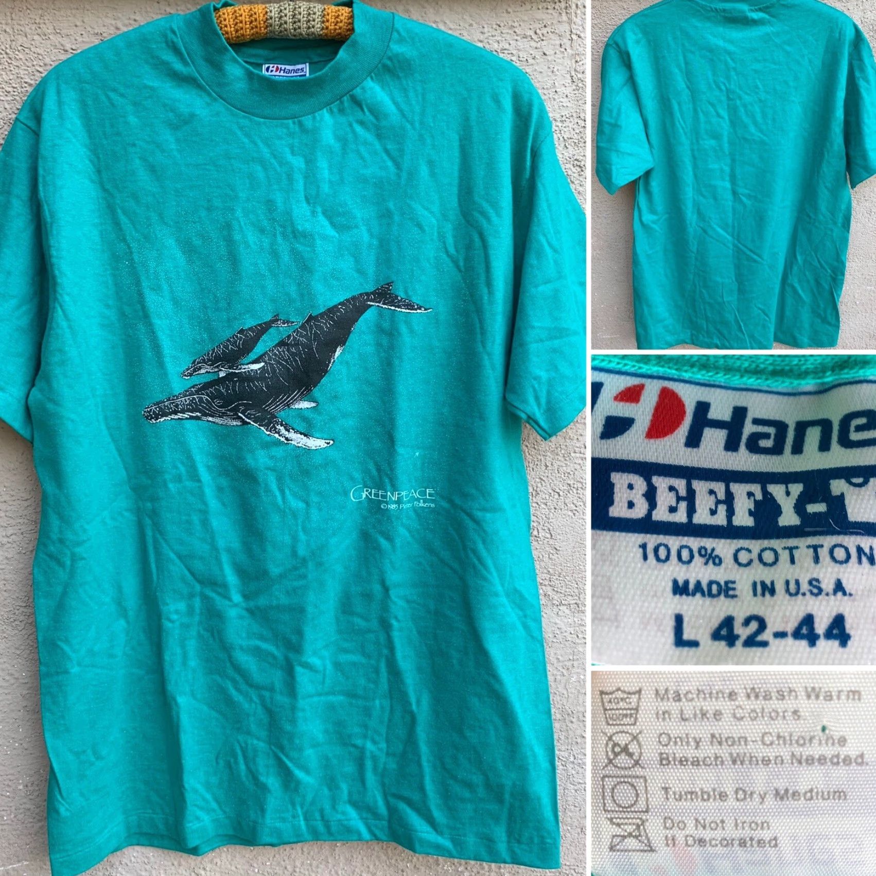 Hanes VINTAGE Greenpeace Humpback Whales T-Shirt Mens L 1980s Hanes 100% Cotton Graphic Tee See Pics Size US L / EU 52-54 / 3 - 4 Thumbnail