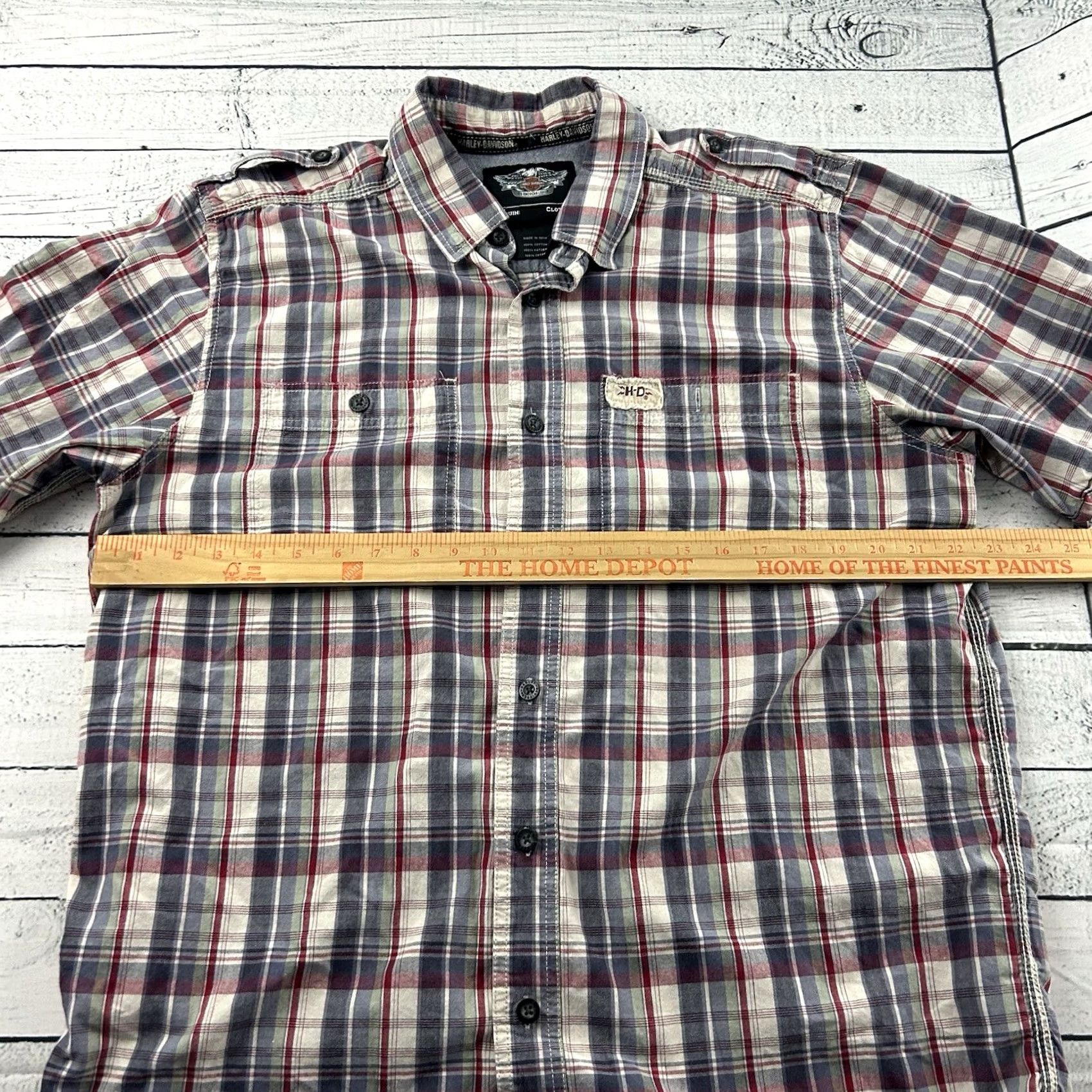 Harley Davidson Harley-Davidson Short Sleeve Plaid Button-Up Shirt Mens L Blue Gray Red White Pocketed) Size US L / EU 52-54 / 3 - 6 Thumbnail
