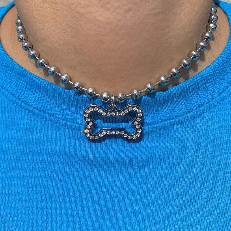 Jewelry Harajuku Hollow Dog Out Bone Metal Crystal Choker Necklace Size ONE SIZE - 1 Thumbnail