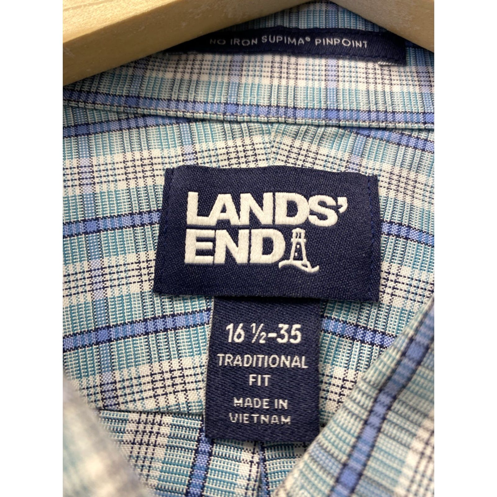 Lands' End Lands' End Shirt Button-Down Mens 16.5 Turquoise Plaid Long Sleeve Classic Trim Fit Size US XL / EU 56 / 4 - 4 Thumbnail