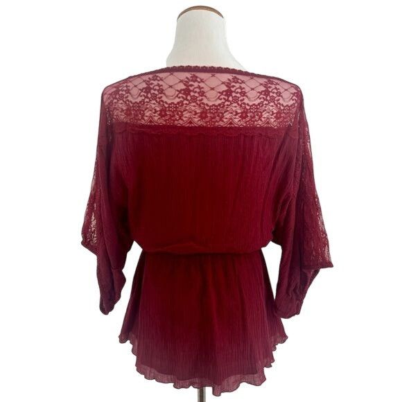 Free People VTG Free People Dark Cherry Lace Trim Crepe Top | Boho Dark Size S / US 4 / IT 40 - 7 Thumbnail