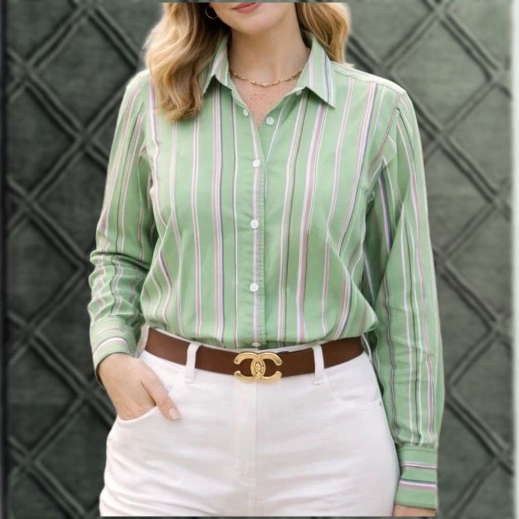 Lands' End Lands' End Women’s Blouse Sz 16 Green Stripe Classic Button Up Preppy Shirt Womens Long Sleeve Cotton Size XXL / US 16-18 / IT 52-54 - 1 Thumbnail