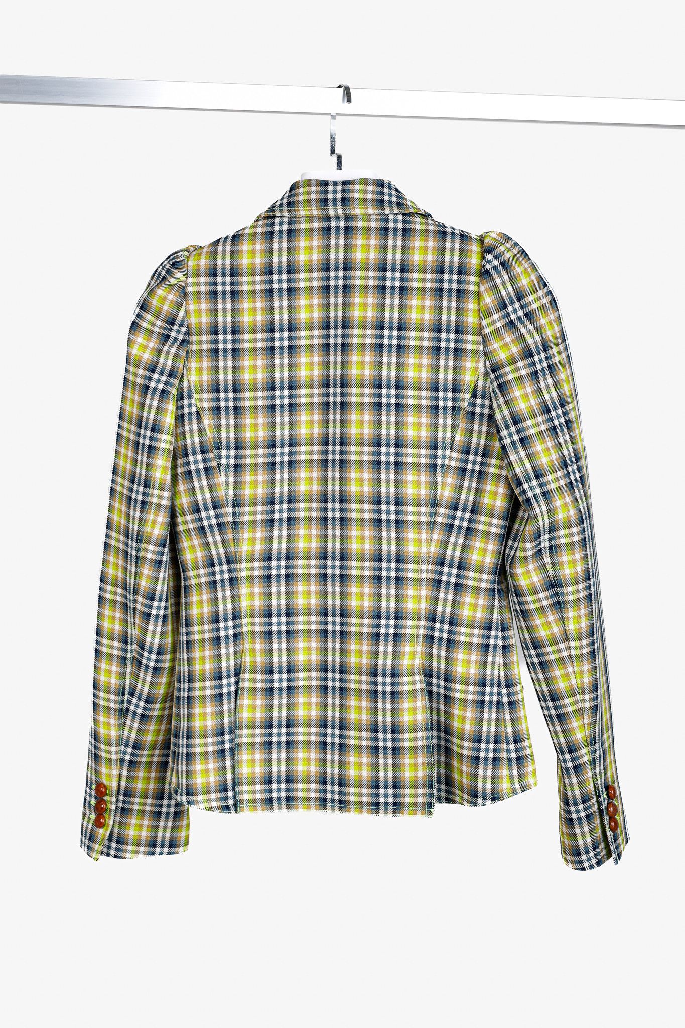 SMYTHE Smythe SS/23 Lime Plaid Pouf Sleeve One Button Blazer Size S / US 4 / IT 40 - 2 Thumbnail