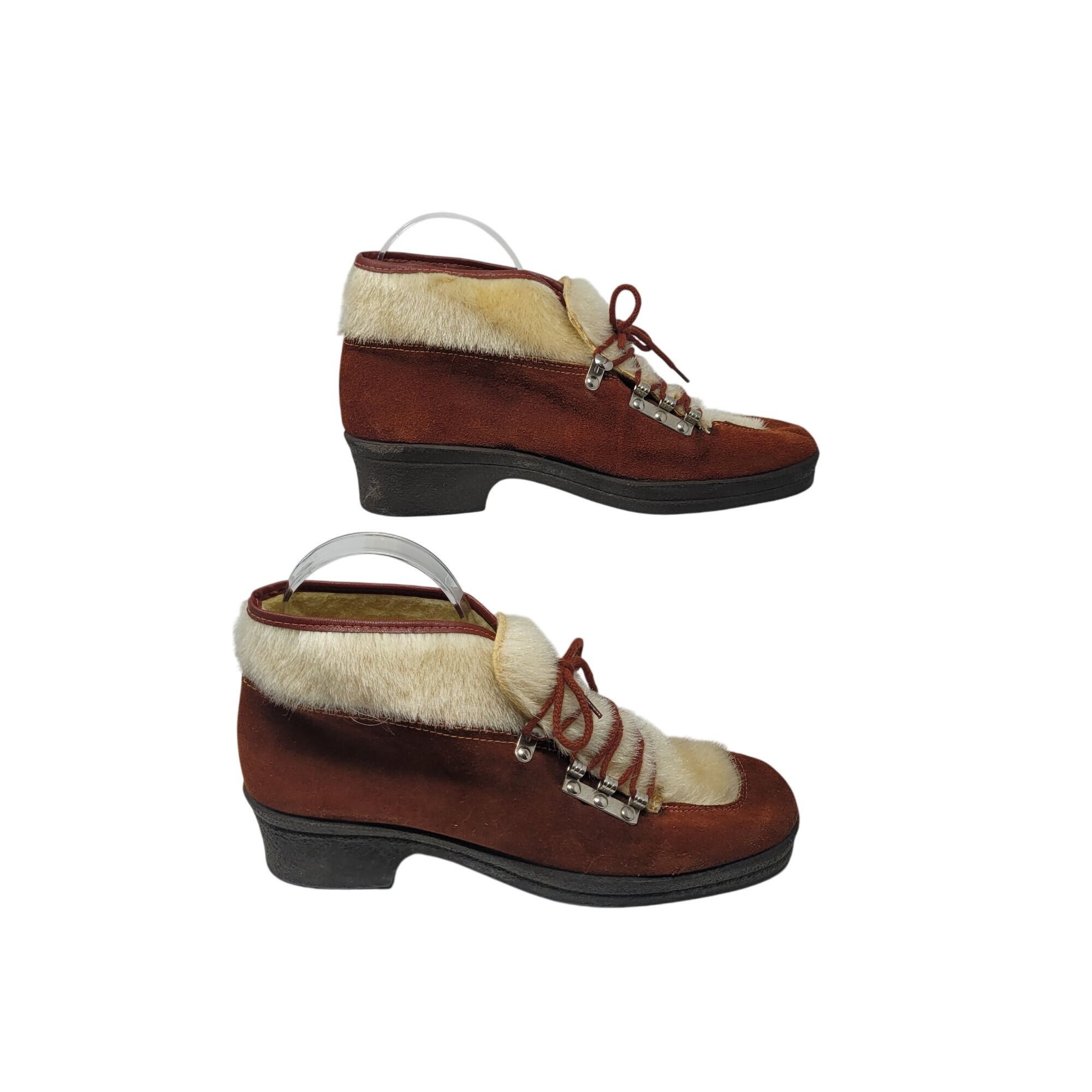 Vintage Vtg Italian Snow Boots Rust Suede Cream Faux Fur Lace-Up Ank Size US 6 / IT 36 - 8 Thumbnail