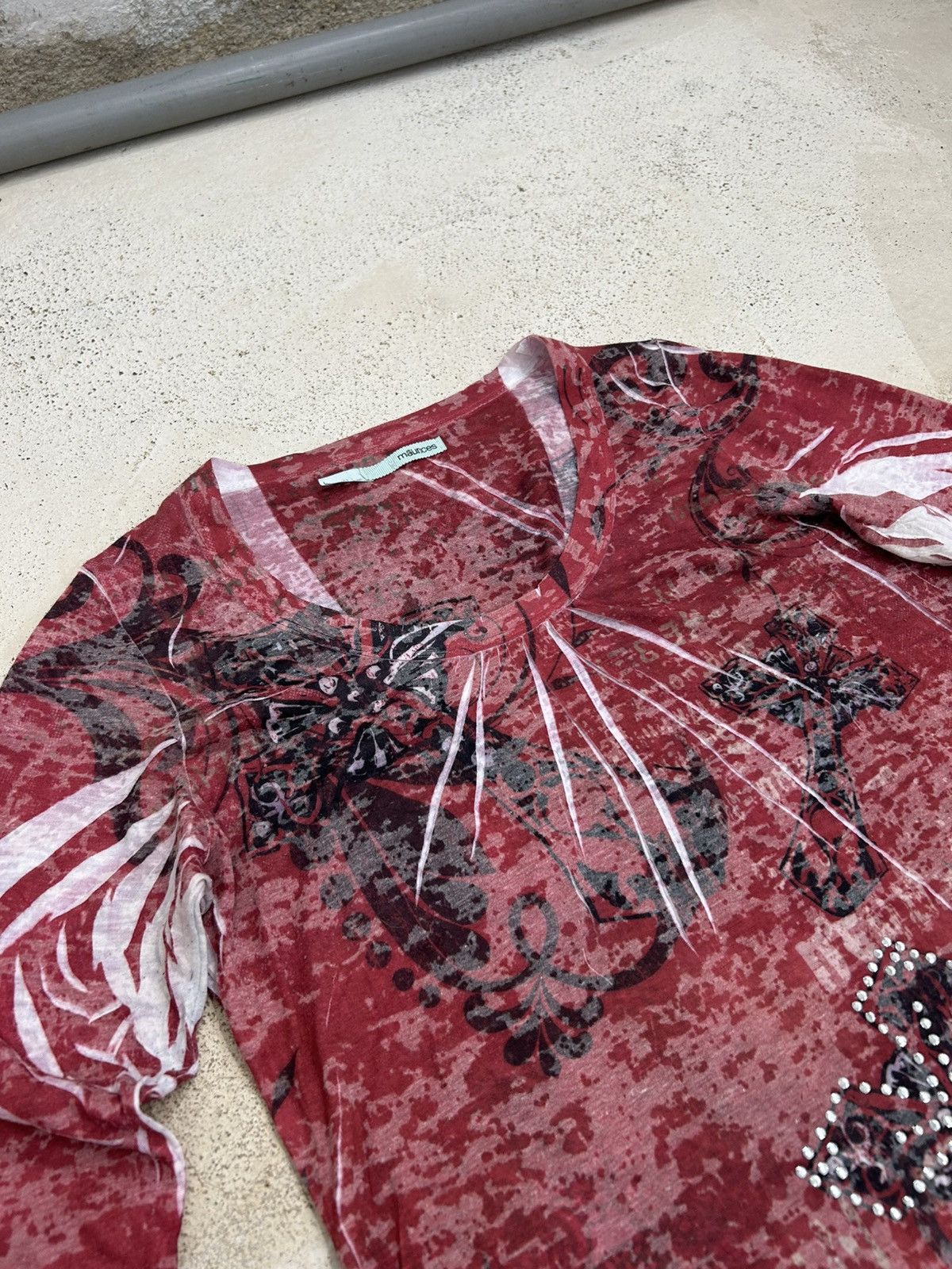 Designer × Japanese Brand Edgy Red L/ Sleeve Top –Distressed Print Angel Wing Graphics Size US XS / EU 42 / 0 - 9 Thumbnail