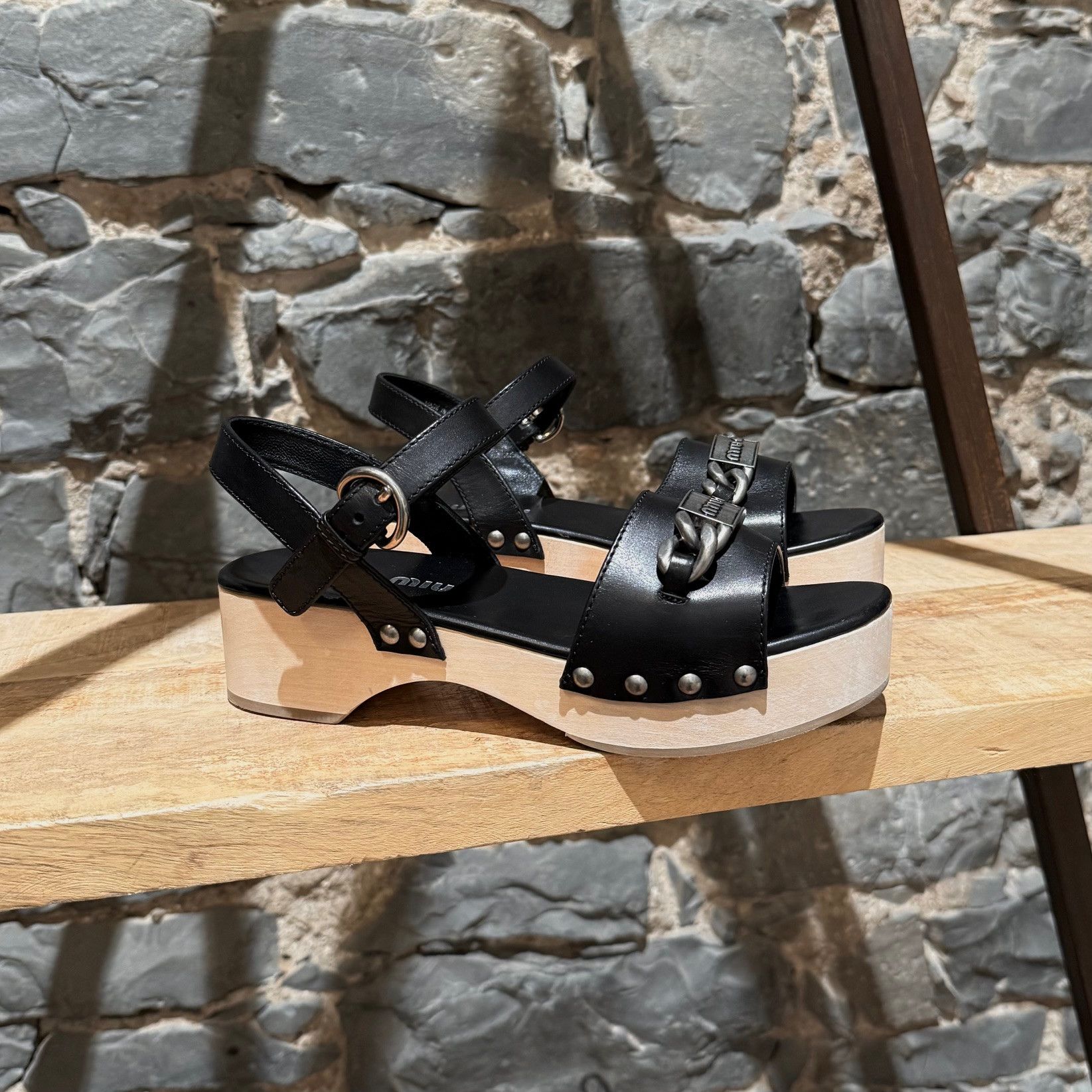 Miu Miu Miu Mu Black Leather Wood Clogs Studded Sandals Size US 7 / IT 37 - 1 Thumbnail