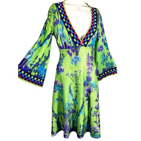 image of Fuzzi Botanical Floral Flare Sleeve Jersey Knit Green Purple, Women's (Size Small)