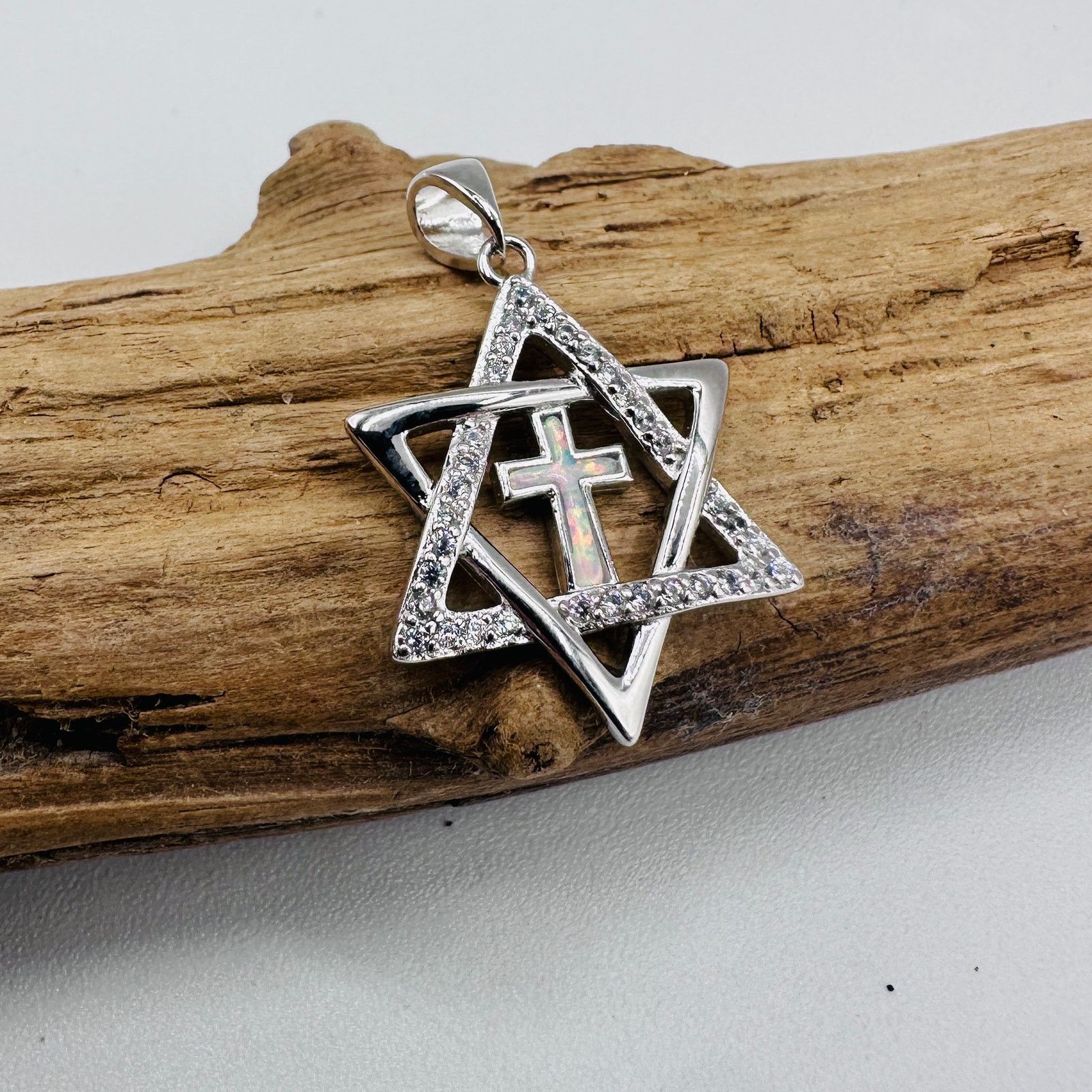 The Unbranded Brand Sterling Silver Star of David Lab Opal Cross CZ Pendant Size ONE SIZE - 2 Thumbnail