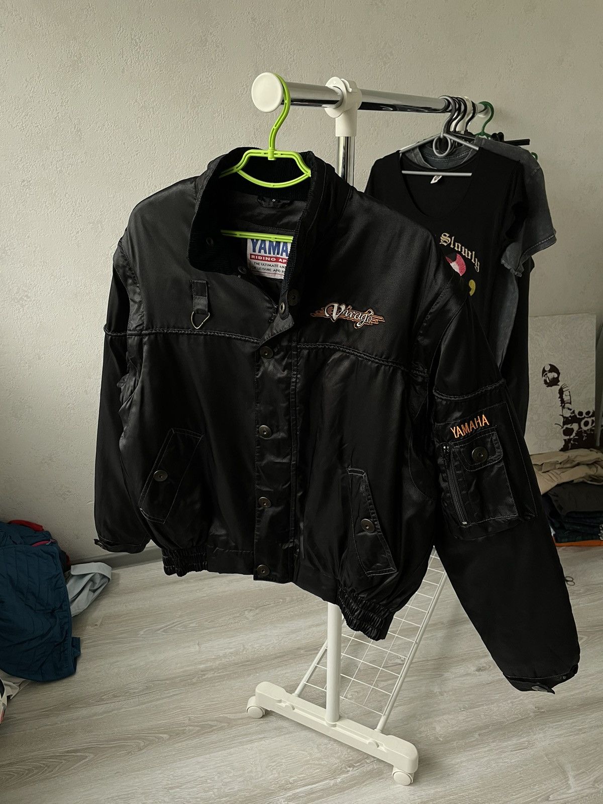 image of Racing x Vintage 80's Yamaha Vintage Virago Transformer Bomber Jacket in Black, Men's (Size Small)