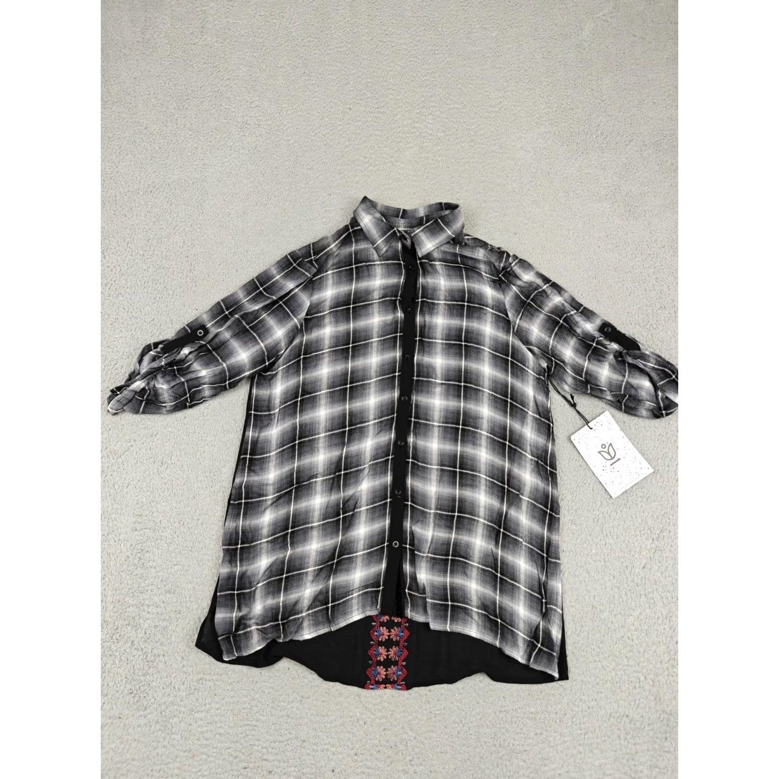 Vintage VINTAGE Andree By Unit Shirt Womens Small Black Plaid Embroidered Boho Tunic Top Size S / US 4 / IT 40 - 2 Thumbnail