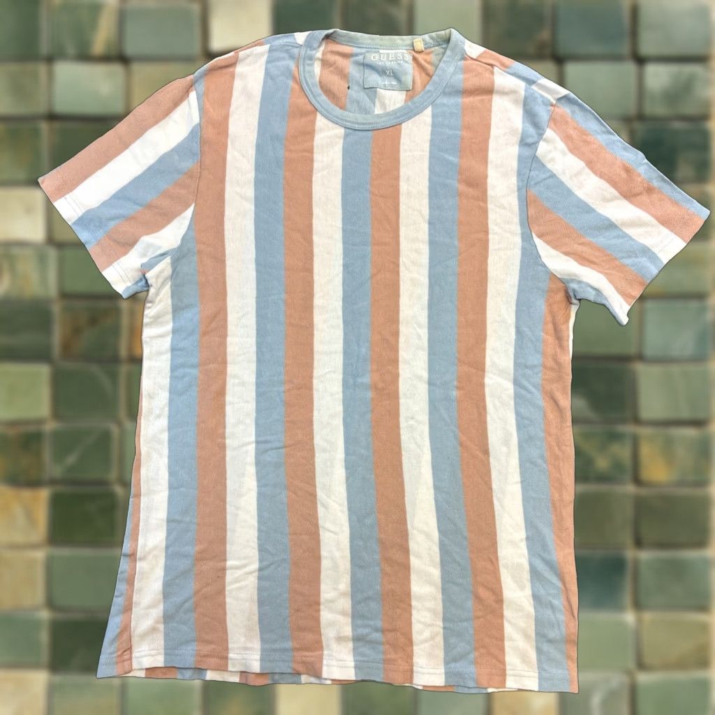 Guess VINTAGE GUESS Shirt Mens XL Pastel Stripe Textured Knit Casual Nautical Short Sleeve Crew Neck Blue Cotton Knit T-Shirt Size US XL / EU 56 / 4 - 1 Thumbnail