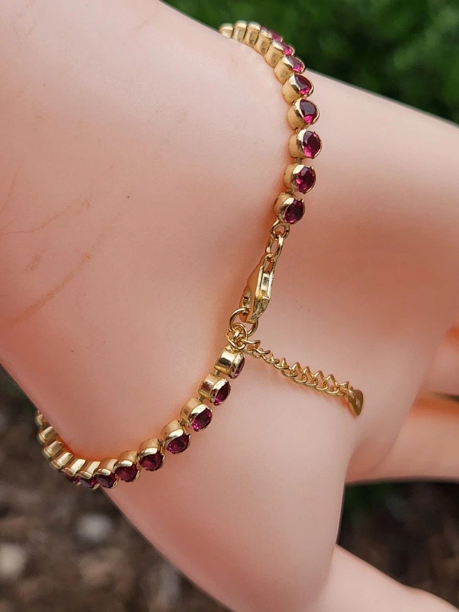 Sterling Silver Sterling Silver Tennis Bracelet Garnet Gold 8" Size ONE SIZE - 5 Thumbnail