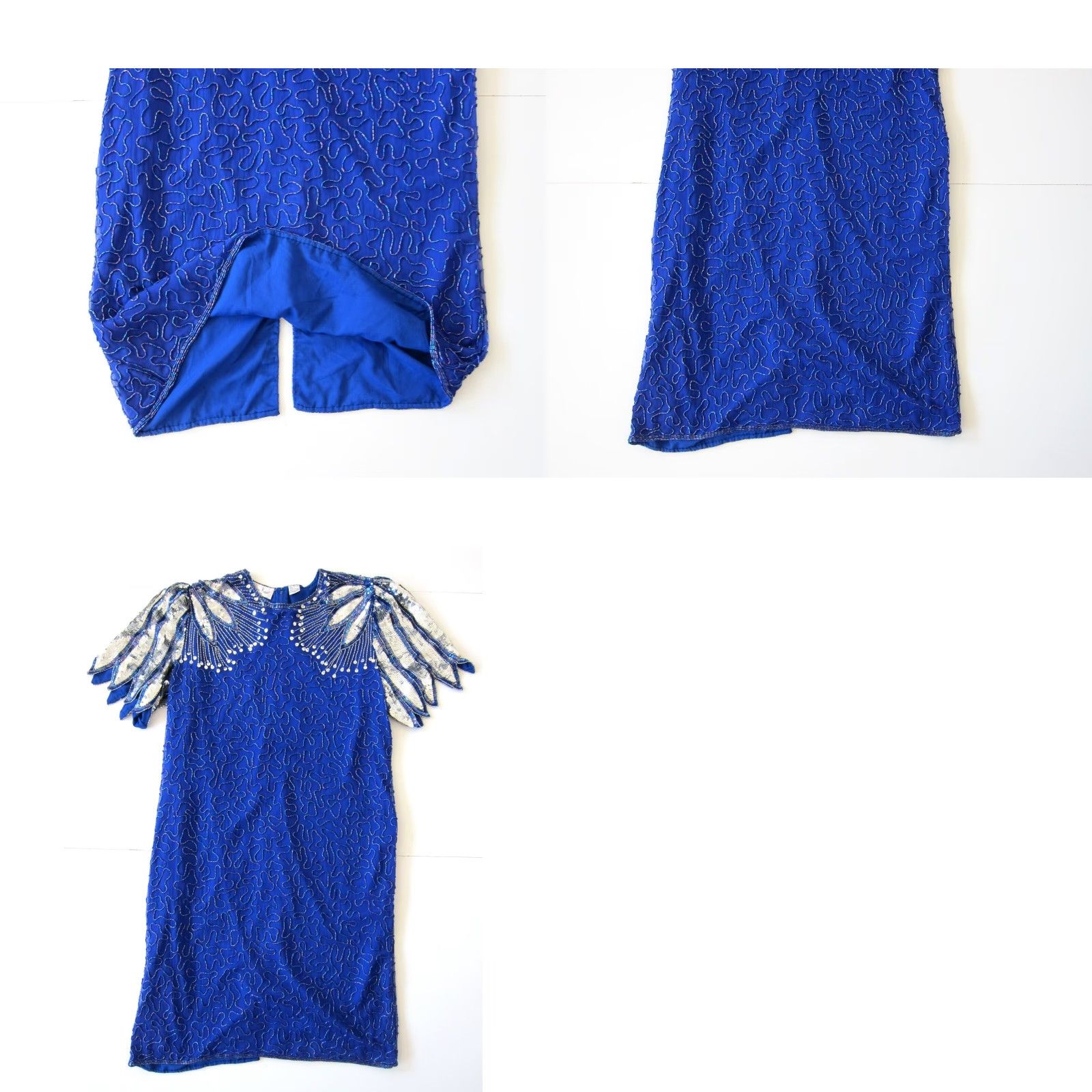 Vintage VINTAGE Laurence Kazar 100% Silk Blue Silver Beaded Sequin Short Sleeve Tunic Dress 1X Size 40" / US 18 - 8 Thumbnail
