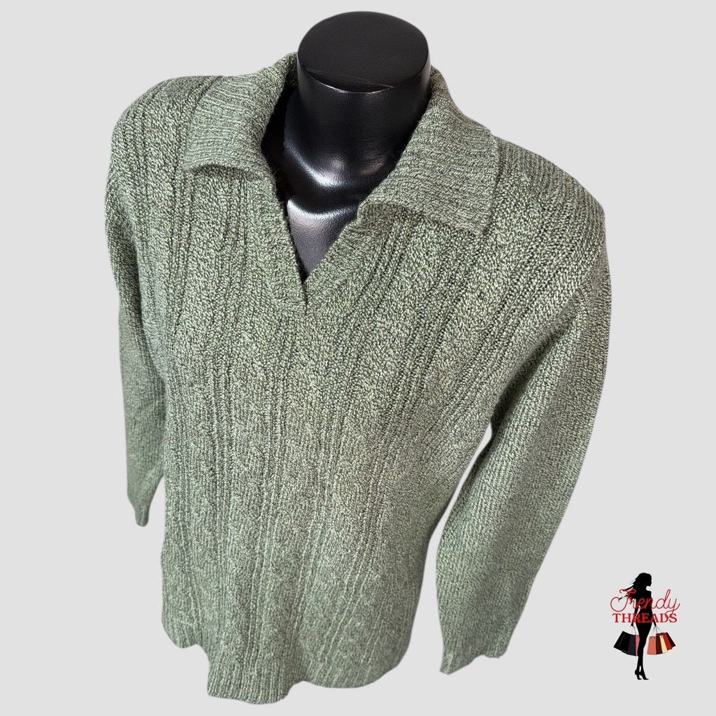 Vintage VTG 80s Mom Sweater Large Cable Knit V Neck Collared Pullove Size L / US 10 / IT 46 - 3 Thumbnail