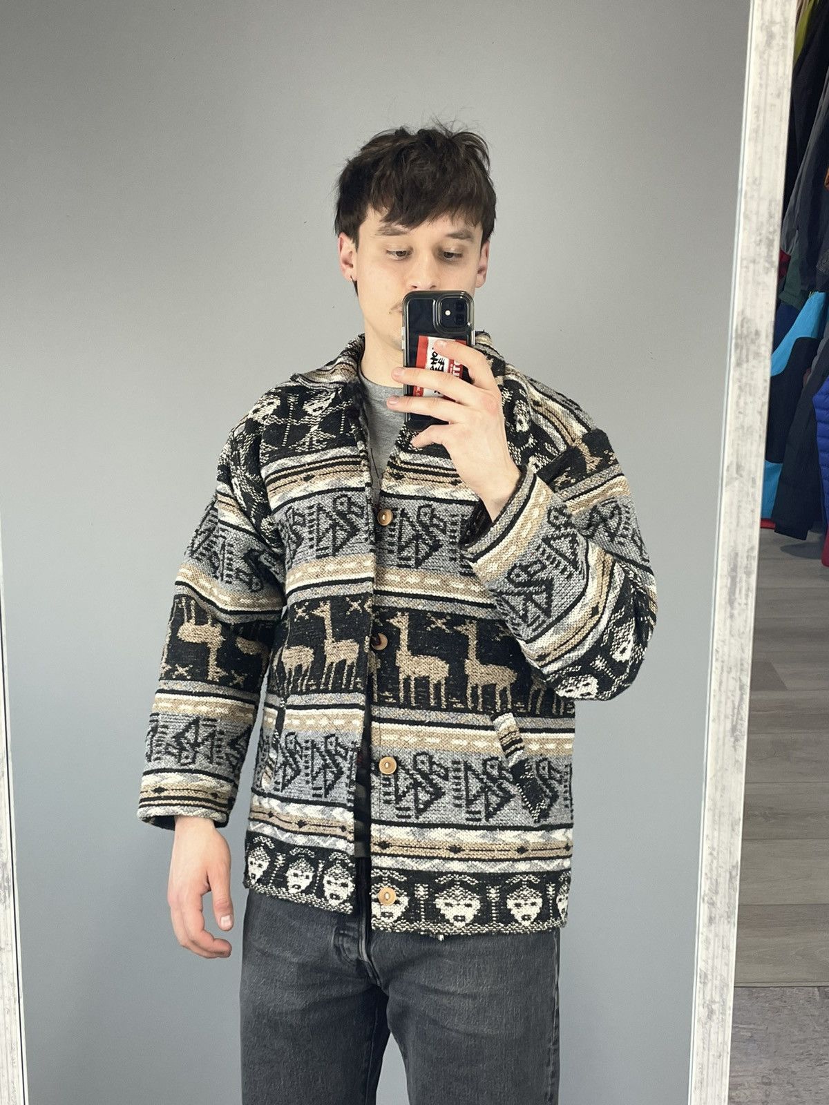 Designer × Handmade × Other Aztek Print navajo Alpaca wool canvas jacket mens Size US M / EU 48-50 / 2 - 7 Thumbnail