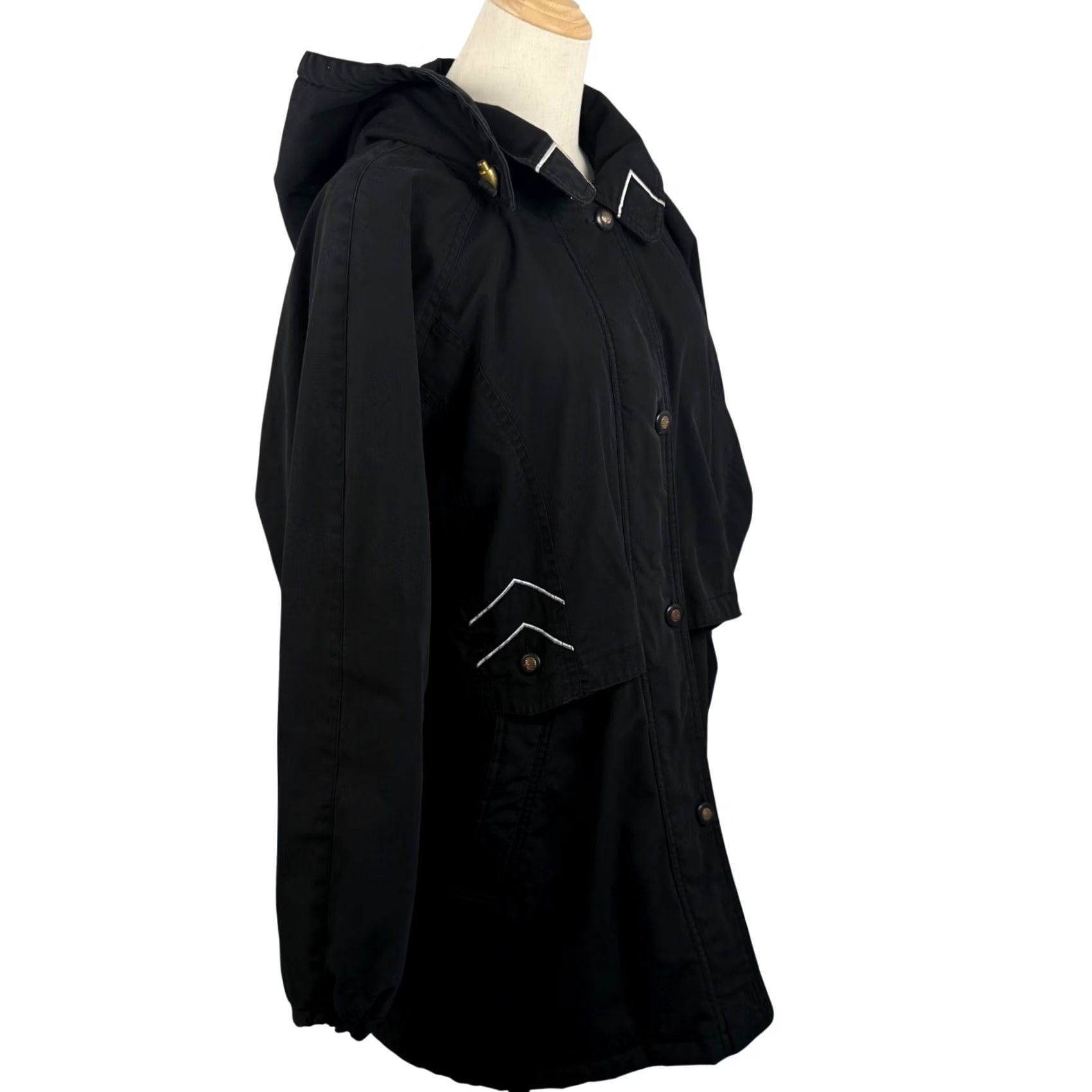 Basic Editions VINTAGE Basic Editions Parka Jacket XL Black Quilted Lined Removable Hood Utility Chevron Embroidered Zipper Button Drawstring Pockets Mid-Length Size XL / US 12-14 / IT 48-50 - 5 Thumbnail