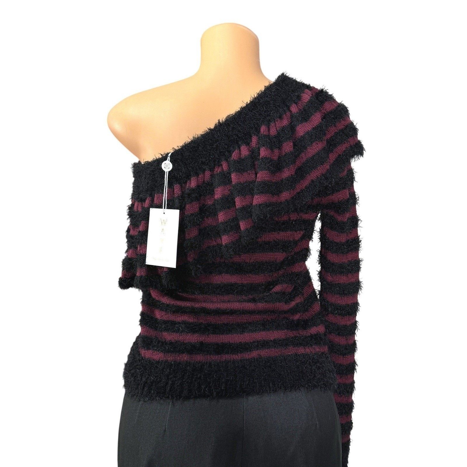 Other WAYF One Shoulder Fuzzy Ruffle Sweater Top Black Burgundy S Size S / US 4 / IT 40 - 2 Thumbnail