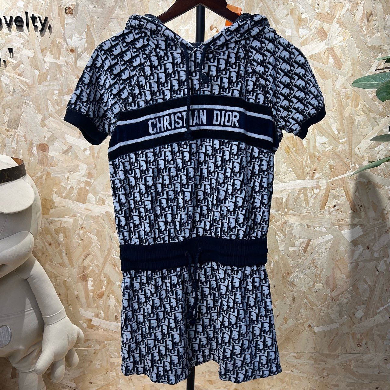 dior short hooded dress DIOR - Short Hooded Dress Navy Blue Cotton Jersey Fleece With Oblique Motif - Size XS