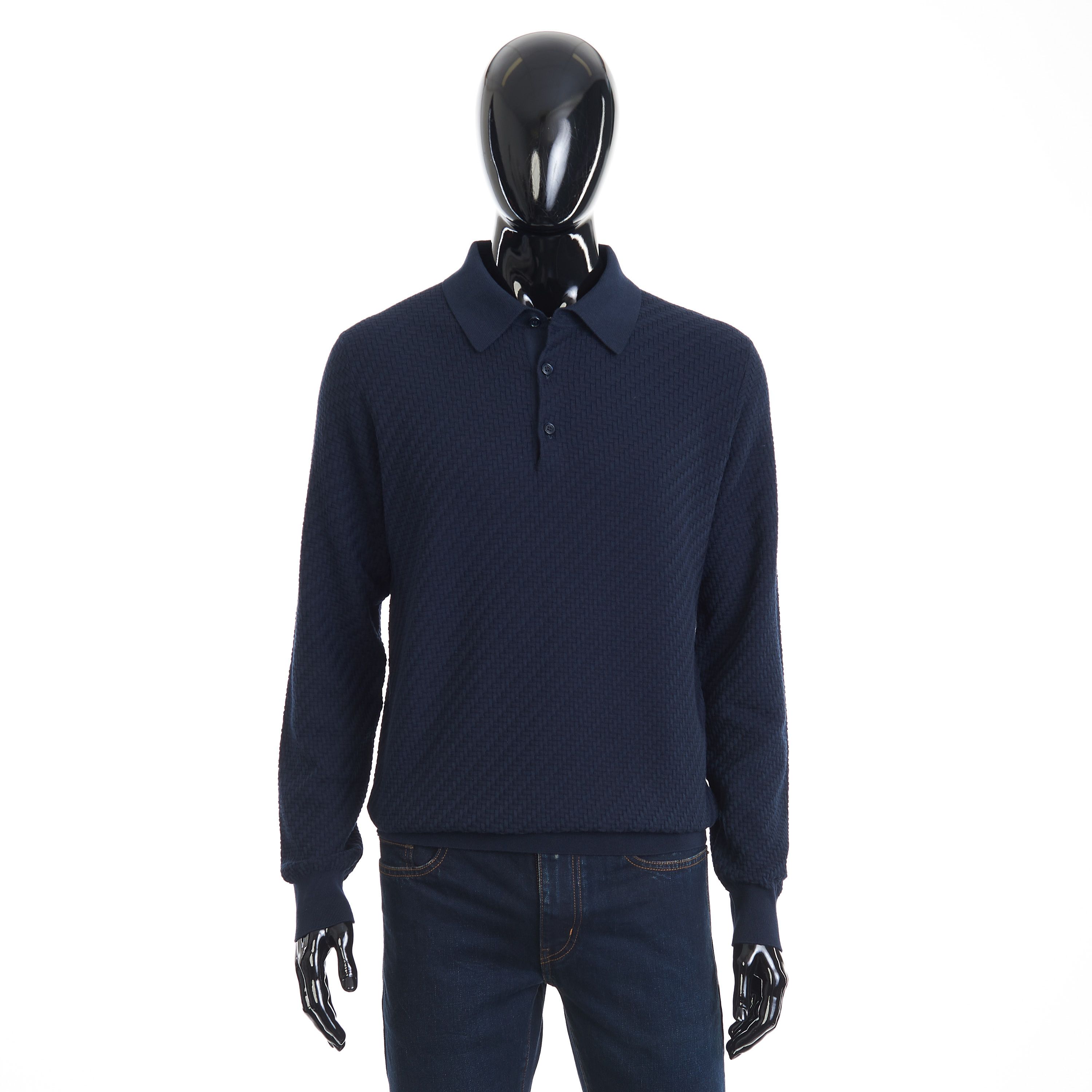 Brioni Navy Blue Cotton, Silk And Cashmere Trama Weave Polo Sweater Size US XXL / EU 58 / 5 - 1 Thumbnail