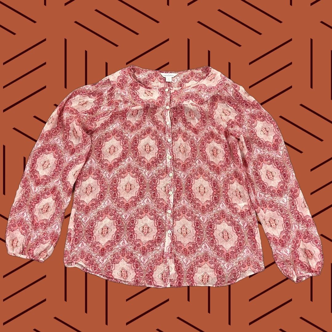 Vintage SUNDANCE Top Womens Medium Red Pink Floral 100% Silk Sheer Blouse Button Up Size M / US 6-8 / IT 42-44 - 1 Thumbnail