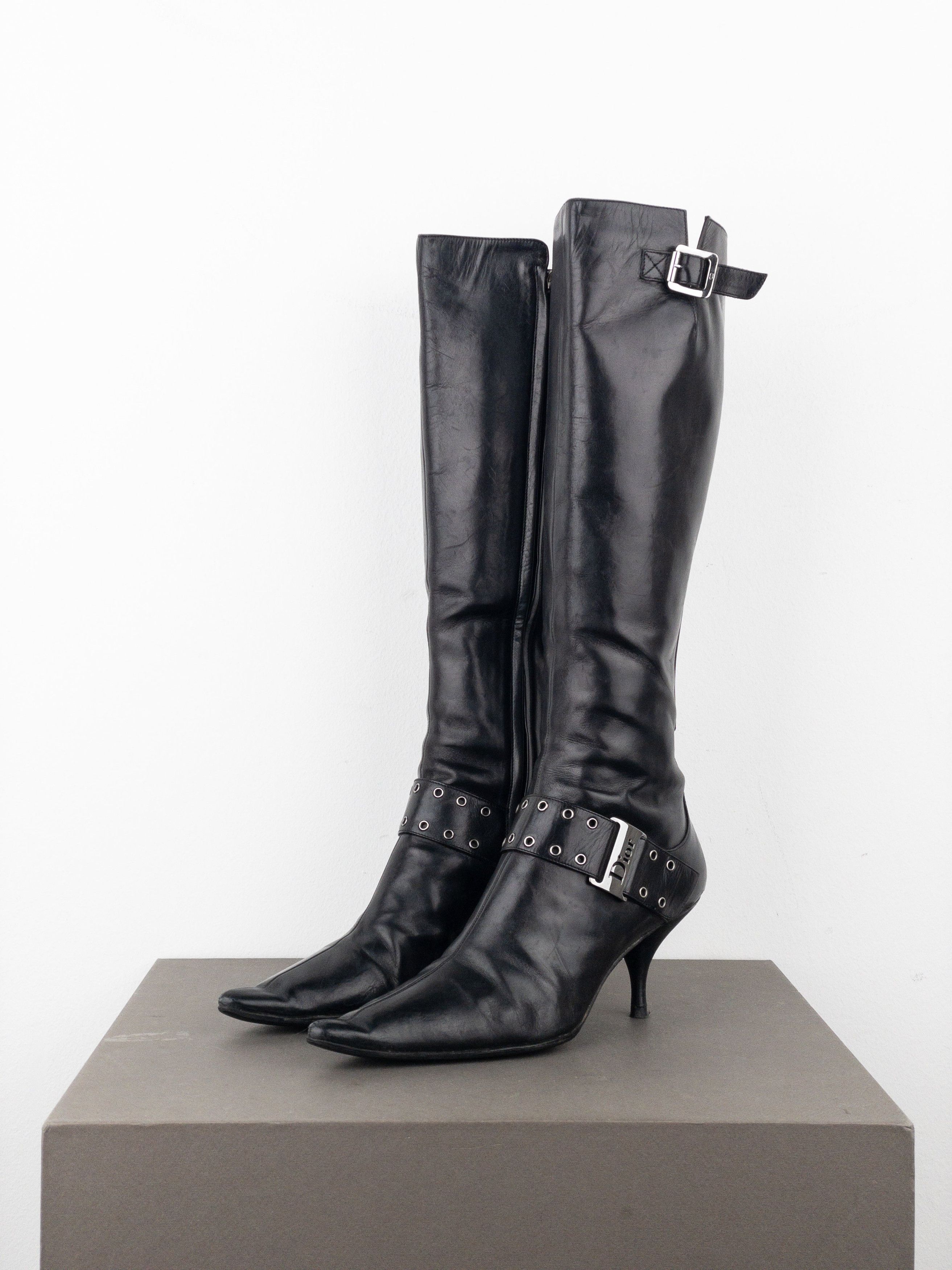 Dior by Galliano SS02 ‘Street Chic’ Buckle Knee-High Heel Boots Size US 5 / IT 35 - 1 Thumbnail