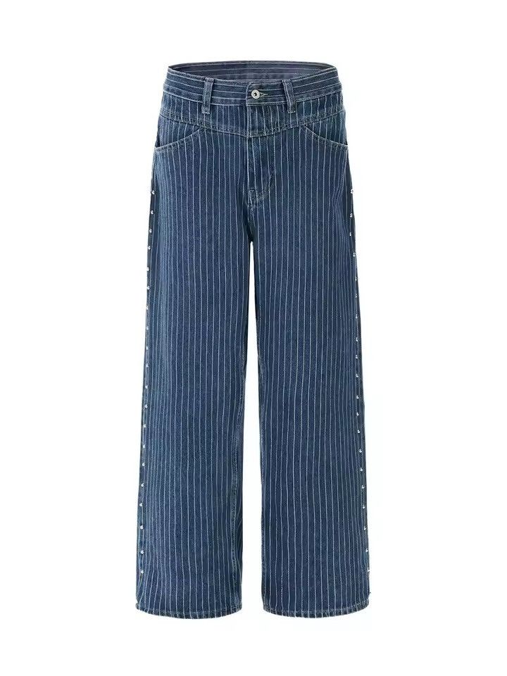 Jean Streetwear Designer Striped Rhinestone Baggy Jeans Size US 31 - 7 Thumbnail
