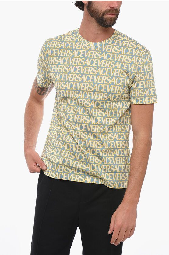 image of Versace Crew Neck Monogram Cotton T-Shirt in Light Blue, Men's (Size XL)