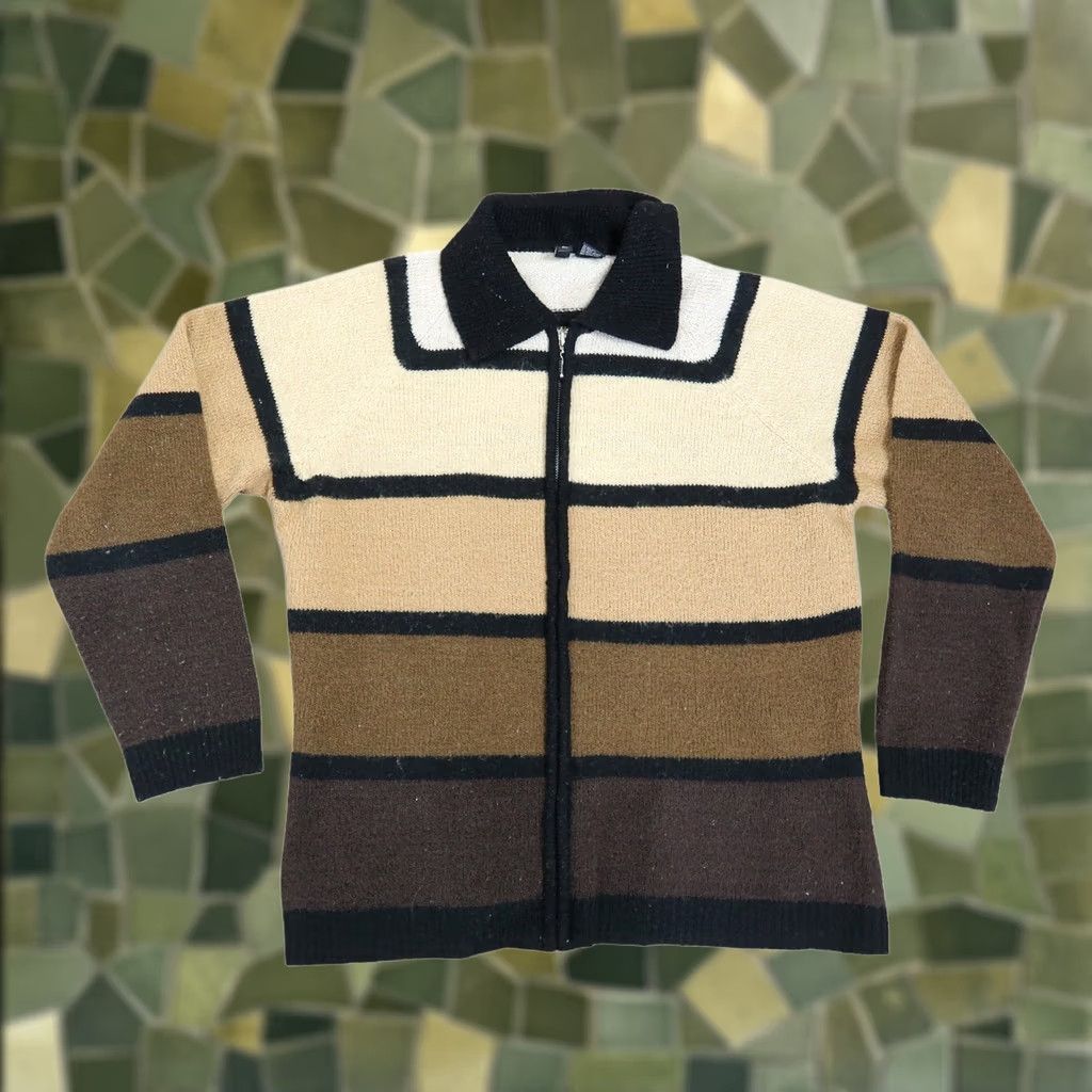 Brandblack VINTAGE 90s Tan Brown Black Ombre Stripe Knit Zip Front Cardigan XL Mens? Womens? (Brand: Jason Maxwell) Size XL / US 12-14 / IT 48-50 - 1 Thumbnail