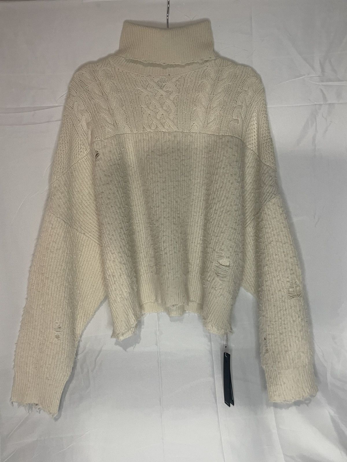Amiri AMIRI Distressed Cable Knit Turtleneck Sweater Cream Size US M / EU 48-50 / 2 - 1 Thumbnail