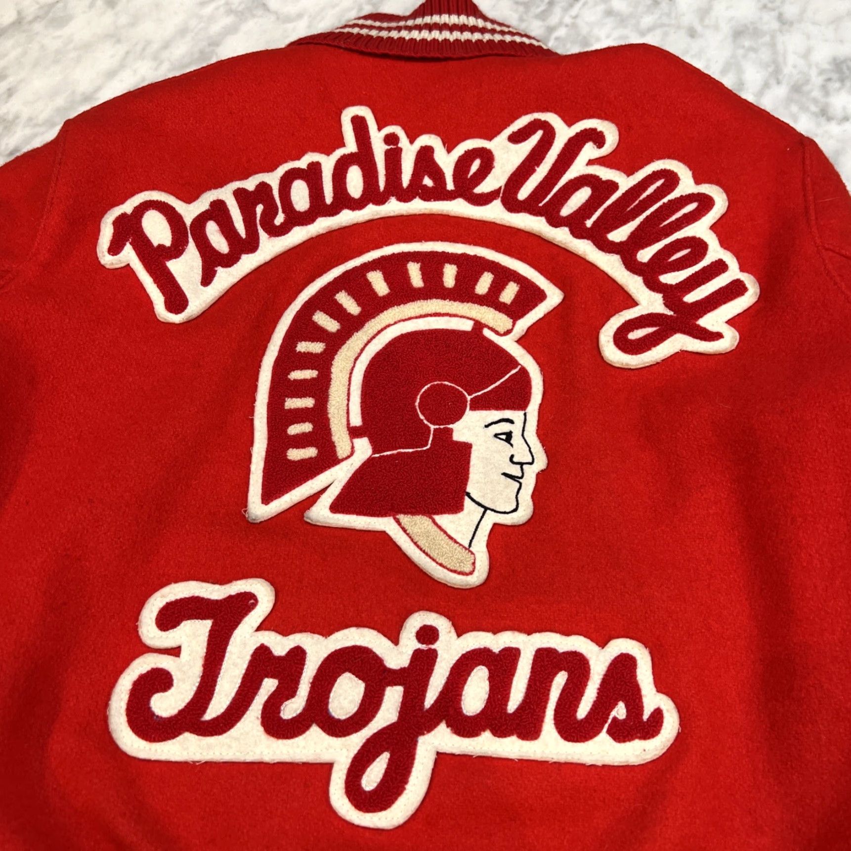 Paradise VINTAGE DeLong Paradise Valley Phoenix Trojans Varsity Coat Size 36 Wool USA Jacket/Coat Red Patches Short Stand-Up Collar Mens Varsity Jacket Size US XXS / EU 40 - 2 Thumbnail