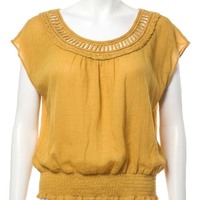 Vintage XXI Blouse Womens Size M Yellow Round Neck Short Sleeve Lightweight Boho Shirt SNAGS Size M / US 6-8 / IT 42-44 - 2 Thumbnail