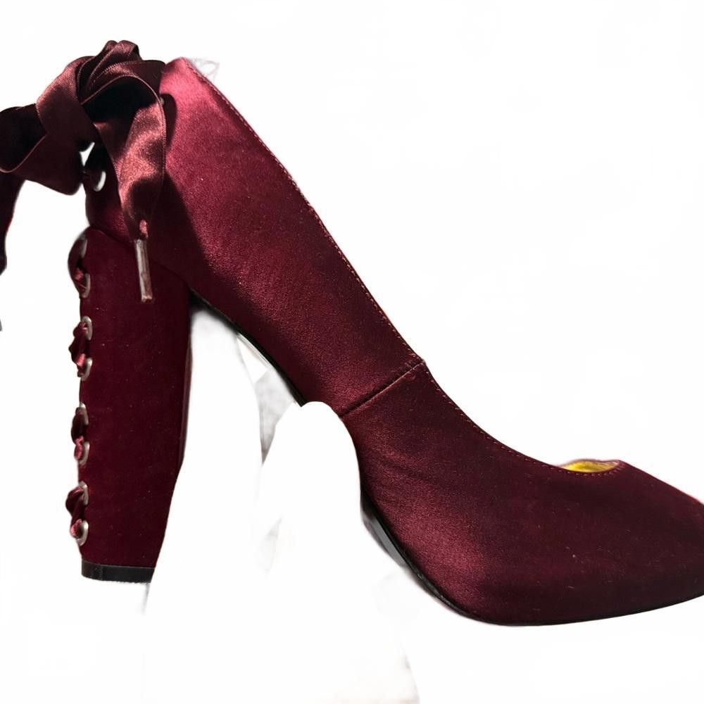 Designer Elegant Satin Burgundy Heels with Ribbon Detail Size US 8.5 / IT 38.5 - 2 Thumbnail