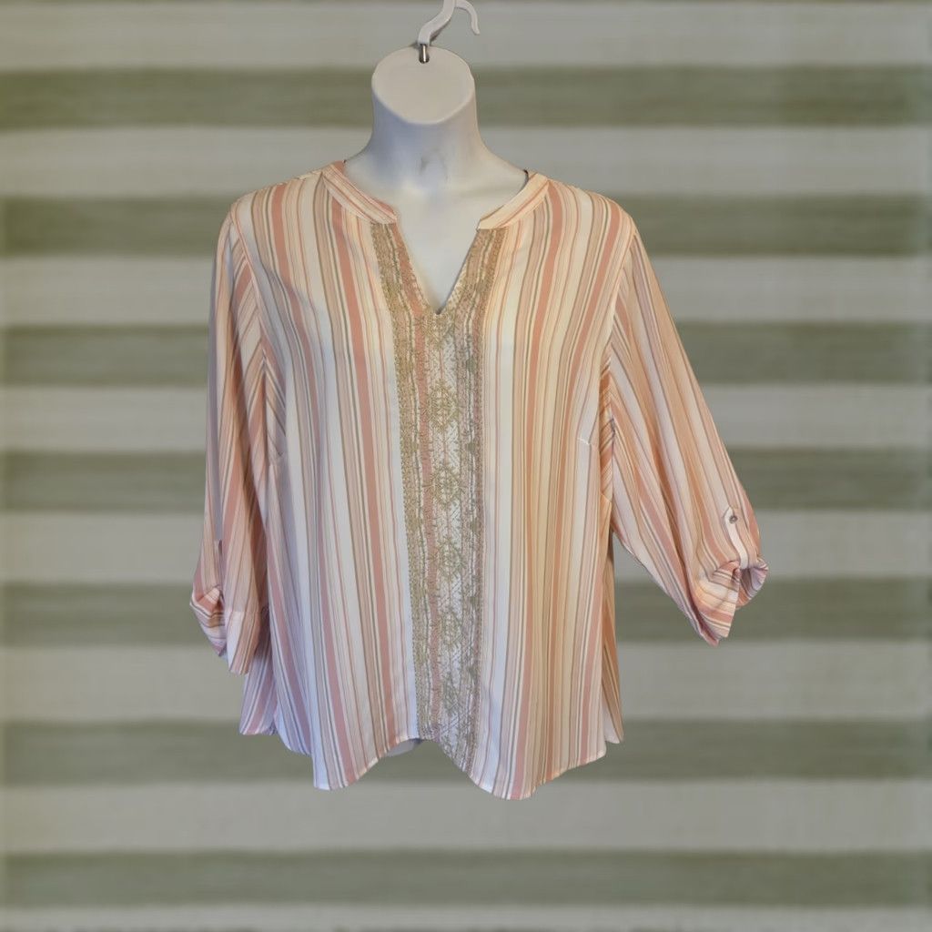 Vintage VINTAGE? No. Ruby Rd Woman Pink White Stripe Embroidered Top Shirt Boho 2X Size XXL / US 16-18 / IT 52-54 - 1 Thumbnail