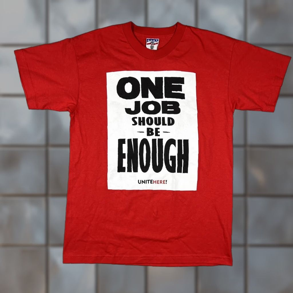 Vintage Union Made “One Job Should Be Enough” Shirt Mens Large Red Cotton Crew Neck Short Sleeve Size US L / EU 52-54 / 3 - 1 Thumbnail