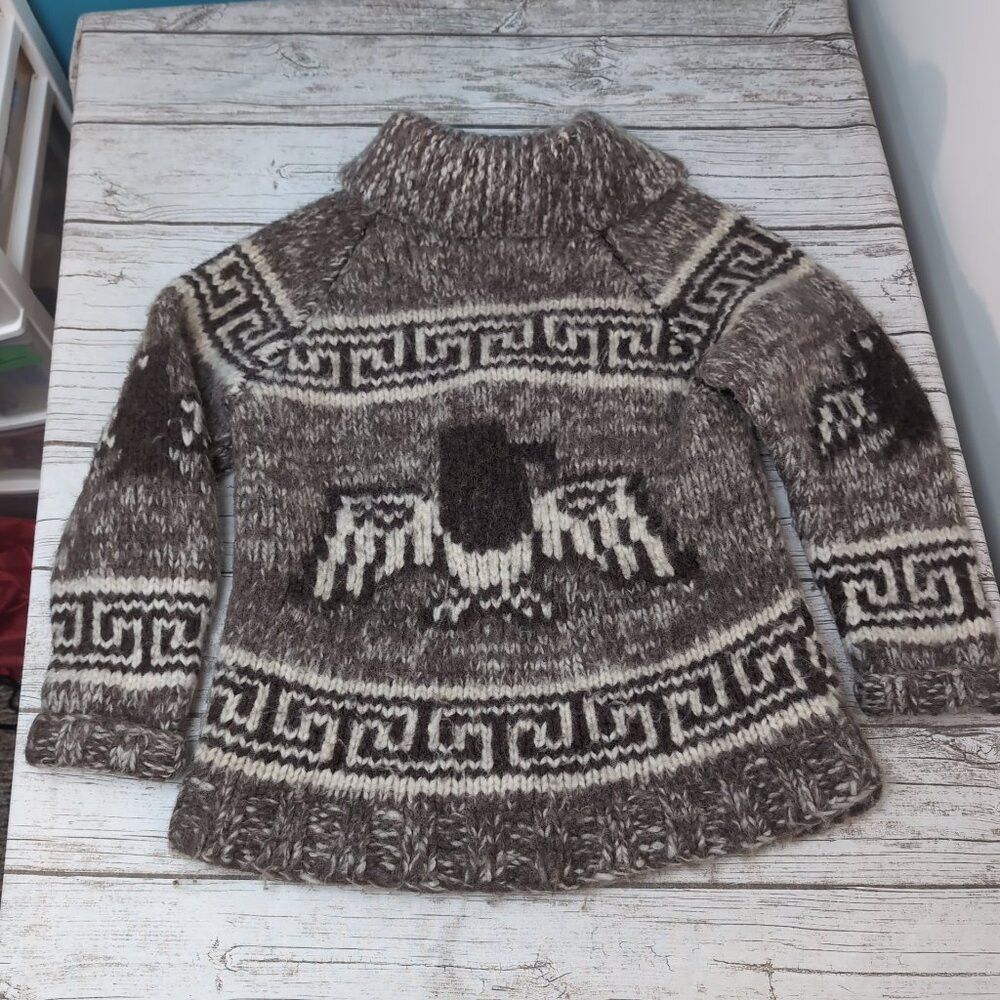 Other Cowichan-Style Wool Zip Sweater Brown Cream Moose Pattern – Size ONE SIZE - 7 Thumbnail
