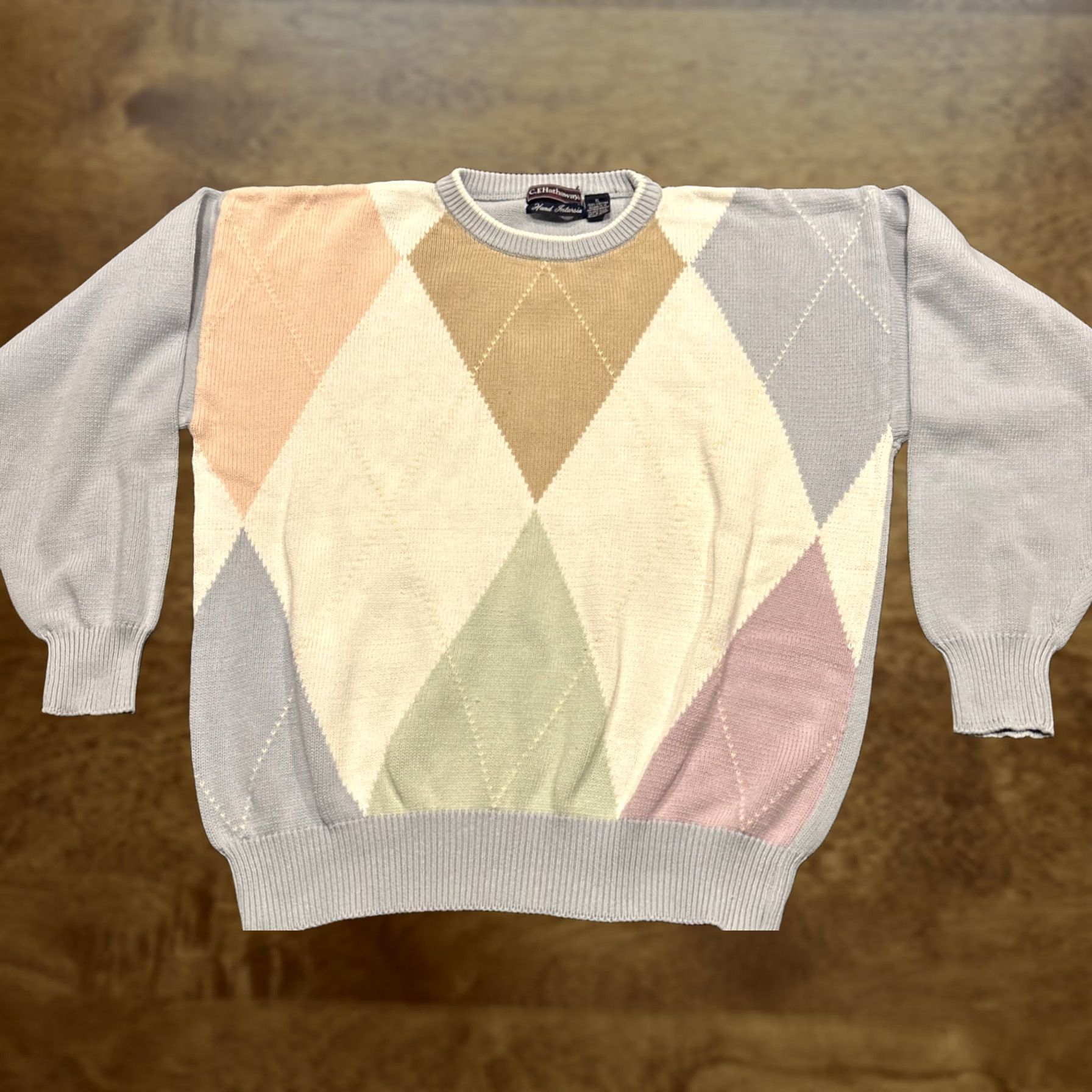 Vintage VTG 90S MENS CF Hathaway Pullover Knit Sweater Blue Geometric Diamond Argyle 100% Cotton Crew Neck XL Size US XL / EU 56 / 4 - 1 Thumbnail